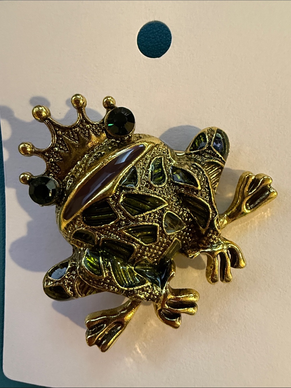 Gold Frog Brooch with Green Accents -Crystals